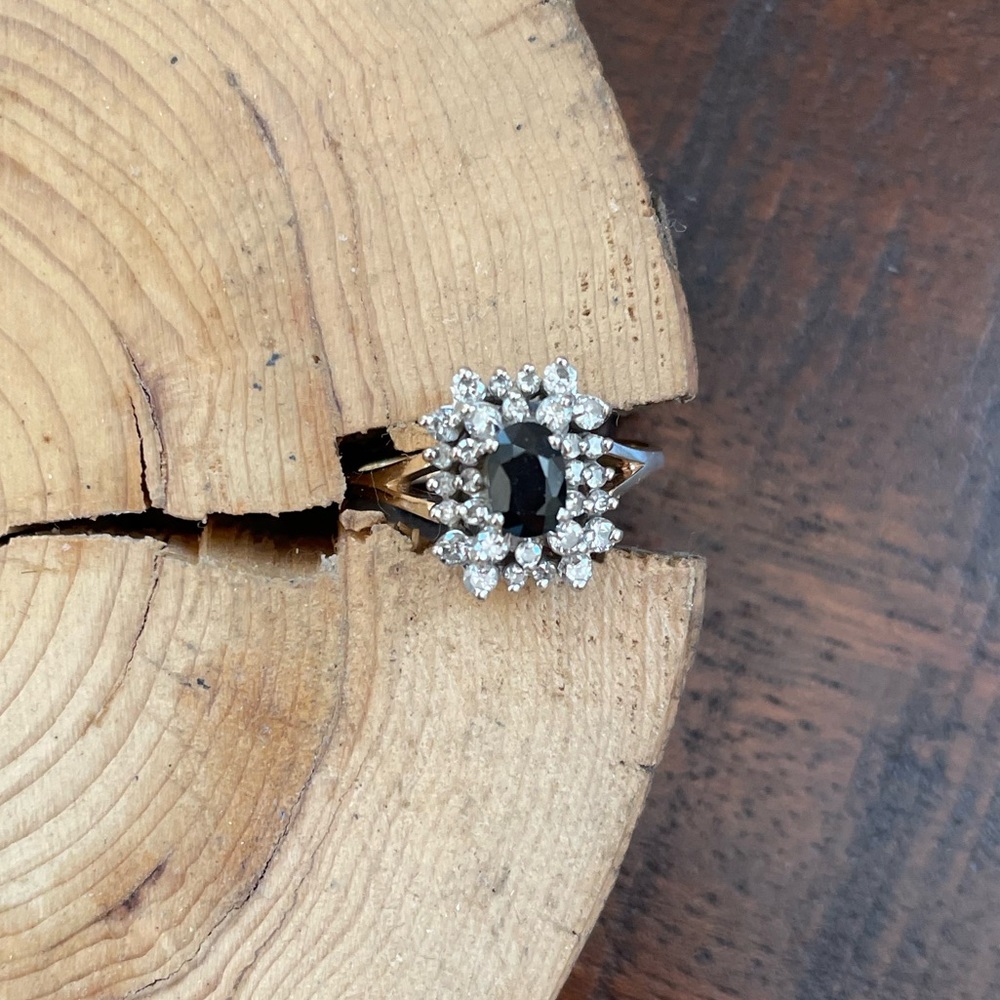 Vintage heirloom ring: Sapphire, diamond, 14k gold